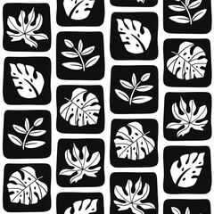 Minimal tropic leaves seamless pattern. Black and white geometric tropical foliage repeat background, wallpaper. Abstract dark jungle summer textile design. Cute minimalistic vector print, fabric. - 789030224