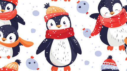 Seamless pattern with funny baby penguins dressed in