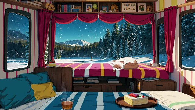 The lazy cat sleeps in a cozy cabin in snowy winter. Lofi art, animation