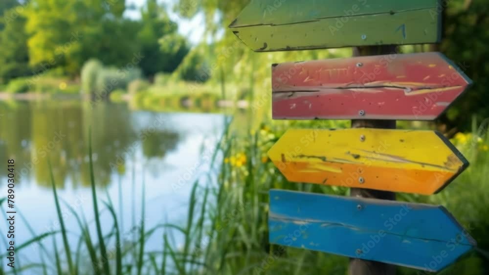 Poster a wooden signpost with colorful arrows pointing to different areas of the park including a lake play