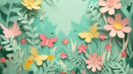 Layered paper cut card depicting a spring garden for Mothers Day