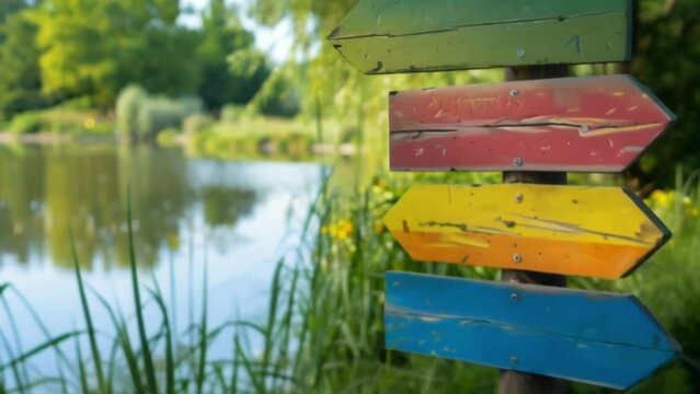 a wooden signpost with colorful arrows pointing to different areas of the park including a lake playground and restrooms. .