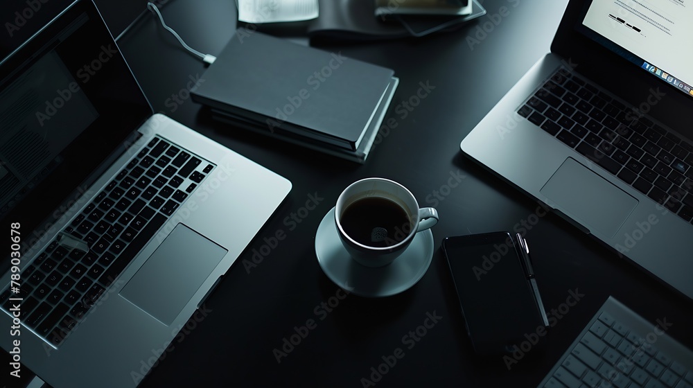 Poster flat lay modern workspace with computer laptop coffee cup and book on black table : generative ai