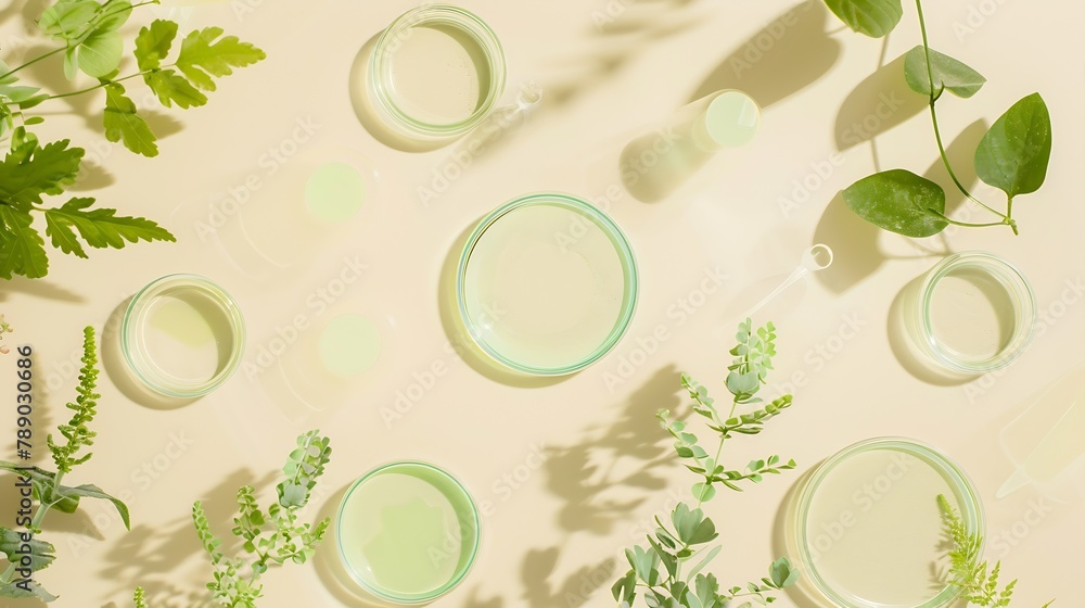 Poster flat lay composition with petri dishes and plants on beige background : generative ai