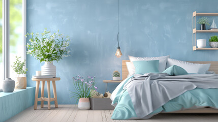 Bedroom with minimalist decor and minimal furniture in soft pastel tones. Interior design composition.