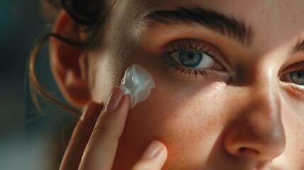 Hydration Cream smear Beuaty close up portrait of young woman with a healthy glowing skin is applying a skincare product : Generative AI