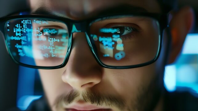 Closeup portrait of focused software engineer wearing eyeglasses looking at computer screen working with big data Programming code reflecting in glasses Data science Machine Learning A : Generative AI