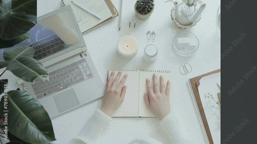 Poster workspace with laptop girls hands notebook sketchbook white vintage tray candlesticks on white backg
