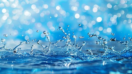 Naklejka na ściany i meble Sparkling water splash on blue background with light bokeh