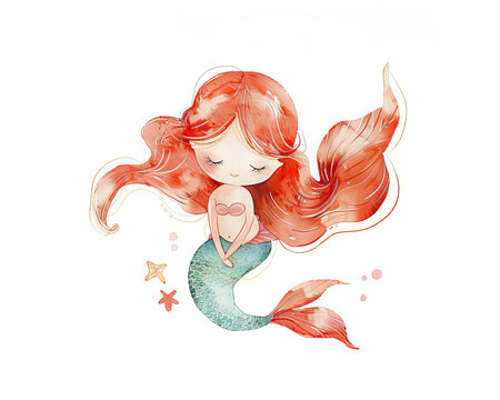 Cute little mermaid isolated on white background. Watercolor illustration. AI generative