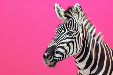 Fototapeta na wymiar close up of portrait of zebra on pink background