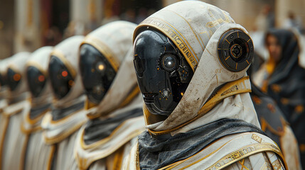 Closeup of the cybernetic implants and ancient robes of the medieval cyber monks reveals the paradoxical nature of their existence, as they navigate the intersection of tradition and technology in the - obrazy, fototapety, plakaty
