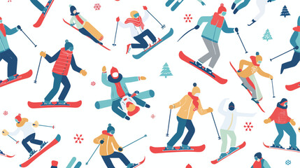 Seamless pattern with skiing and snowboarding people