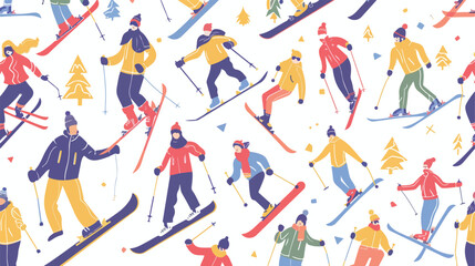 Fototapeta na wymiar Seamless pattern with skiing and snowboarding people