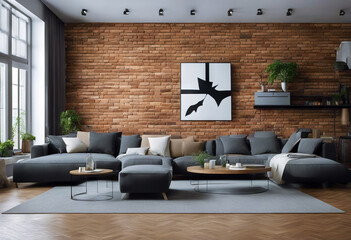 interior brick wall living room Spacious design flat furniture television apartment decor sofa roomy home style plant residential couch comfort potted dwell house parquet - obrazy, fototapety, plakaty