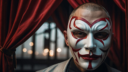 A man in a white mask against the background of a theater curtain. The concept of deception.