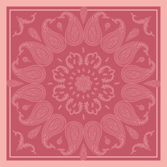 Monochrome pink scarf or bandana design with paisley mandala pattern and floral elements. Ethnic carpet design.