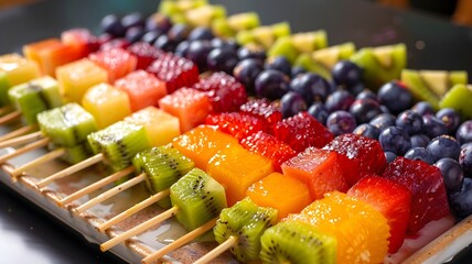 A platter of rainbow-colored fruit skewers, offering a delightful and nutritious treat for any...