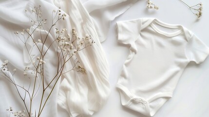 White newborn bodysuit mockup for baby or pregnancy announcement design presentation top view neutral colors bohemian style flat lay : Generative AI