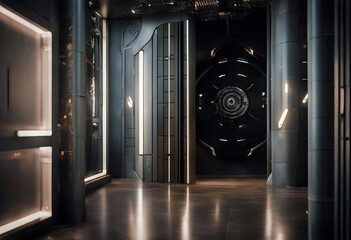 - hallway gate reinforced fiction interior Science futuristic corridor three-dimensional abstract architecture background blue building colours colourful cool design door fantasy