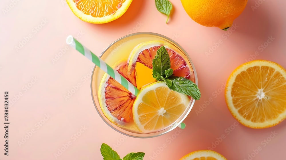 Poster glass of juice made of citrus slices with mint leaves and a straw on light pink background citrus ju