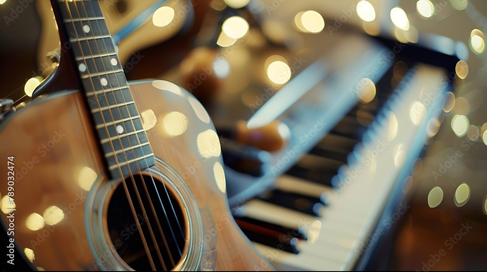 Poster Guitar and piano keys closeup on a blurred background with bokeh : Generative AI