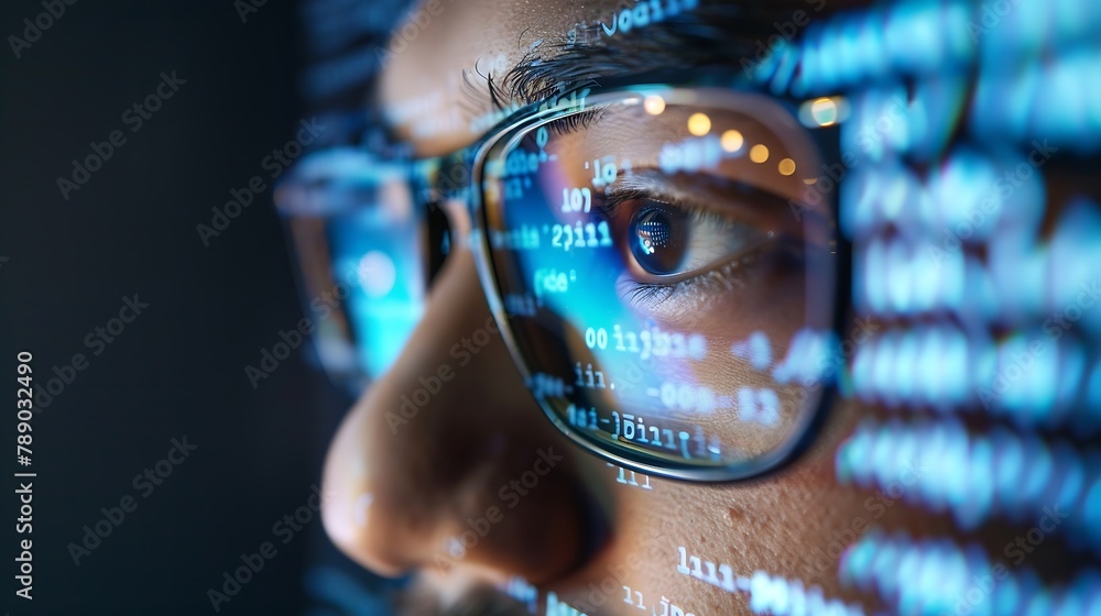 Aufkleber Closeup Portrait of Software Engineer Working on Computer Line of Code Reflecting in Glasses Developer Working on Innovative eCommerce Application using Big Data AI Stylish Macro Shot  : Generative AI