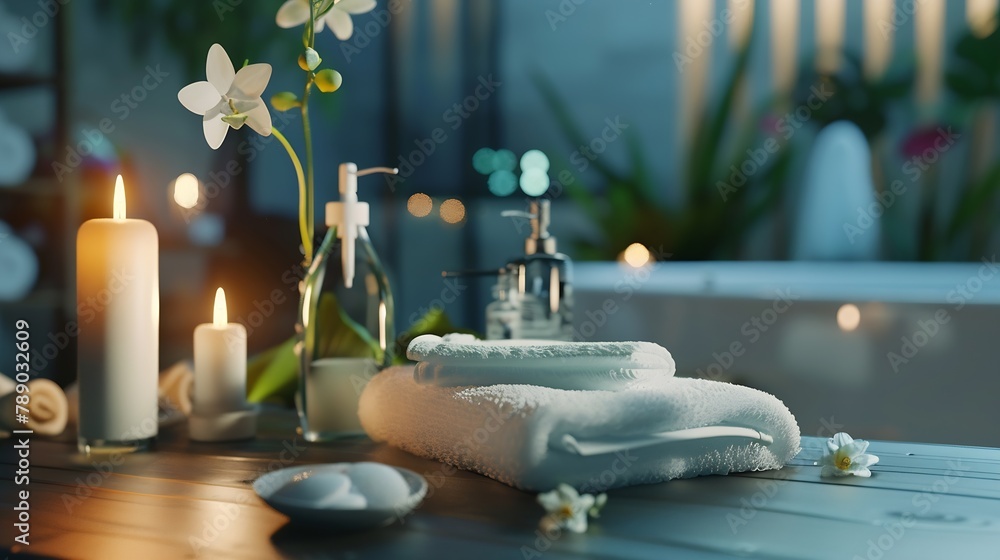 Poster Closeup view of spa accessories on the table with spa in the background : Generative AI