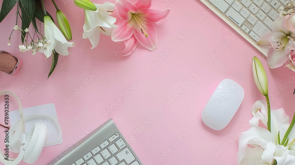 Poster workspace with computer bouquet lilies clipboard womens fashion accessories isolated on pink backgro