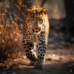 Fototapeta premium Exploring the Mystique of a Leopard's Journey Through the Jungle