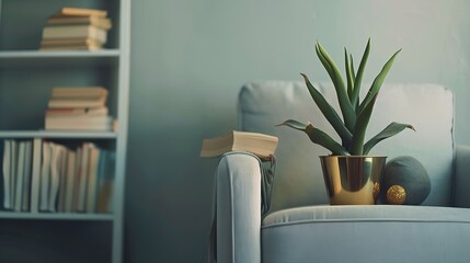Stylish and luxury composition of design gray armchair with books sculpture plant in gold pot and elegant accessories Template Interior design Modern home staging Close up : Generative AI