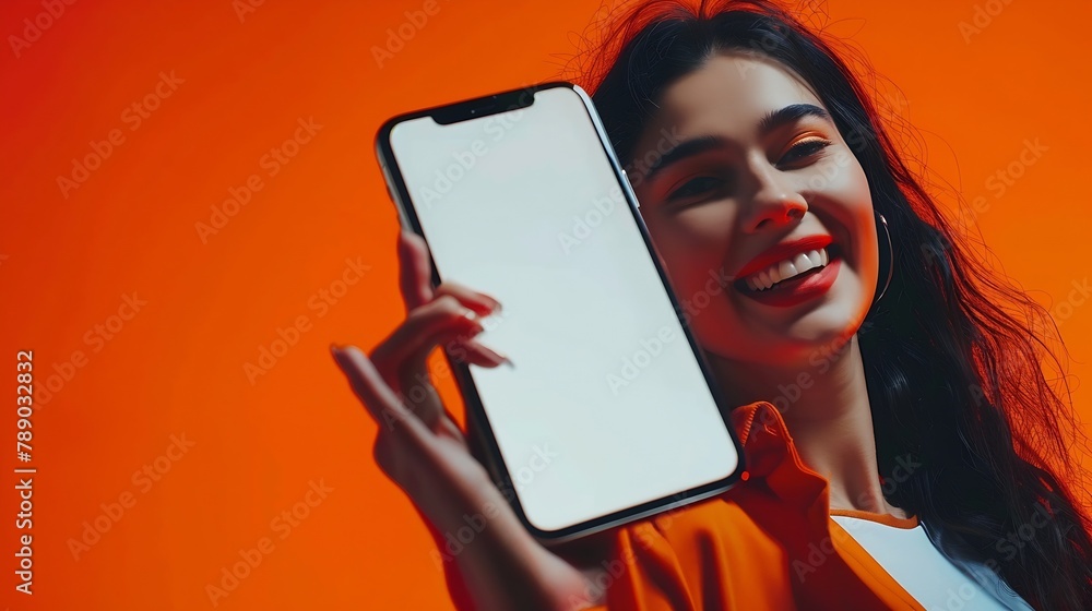 Poster app ad smiling pretty woman holding smartphone with white blank device screen in hand close up to ca