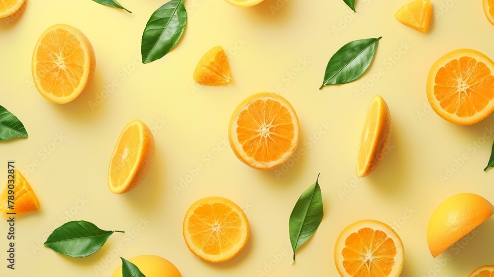 Poster creative summer pattern made of oranges and green leaves on pastel yellow background fruit minimal c