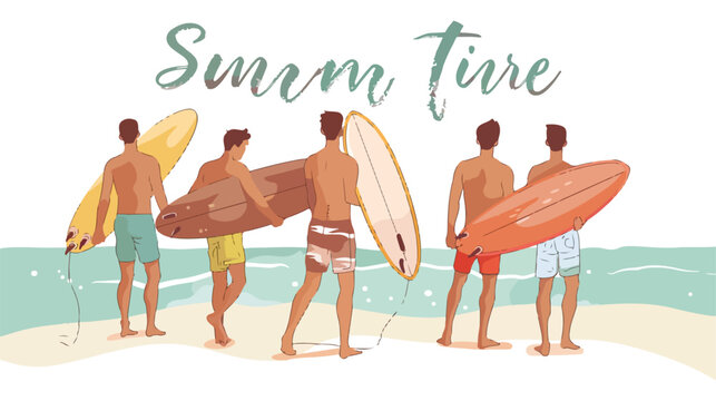 Seasonal postcard template with group of male surfers