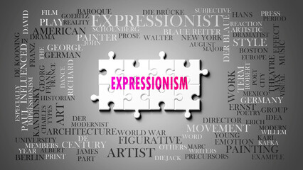 Expressionism as a complex subject, related to important topics. Pictured as a puzzle and a word cloud made of most important ideas and phrases related to expressionism. ,3d illustration