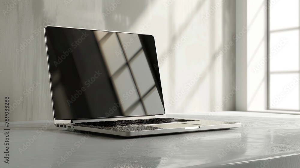 Poster sleek laptop side view displaying modern design and portable technology on a minimalist workspace