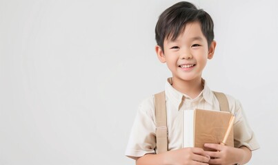 白い背景の幸せな表情をした若い日本人男の子が本とペンを持っています - 放課後のプログラム、教育の卓越性、学習後の勉強 - obrazy, fototapety, plakaty