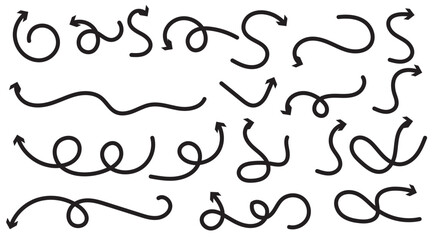 Set of vector curved arrows hand drawn. Sketch doodle style. Collection of pointers.
