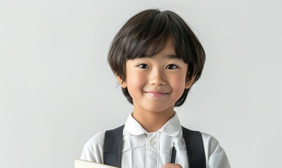白い背景の幸せな表情をした若い日本人男の子が本とペンを持っています - 放課後のプログラム、教育の卓越性、学習後の勉強 - obrazy, fototapety, plakaty