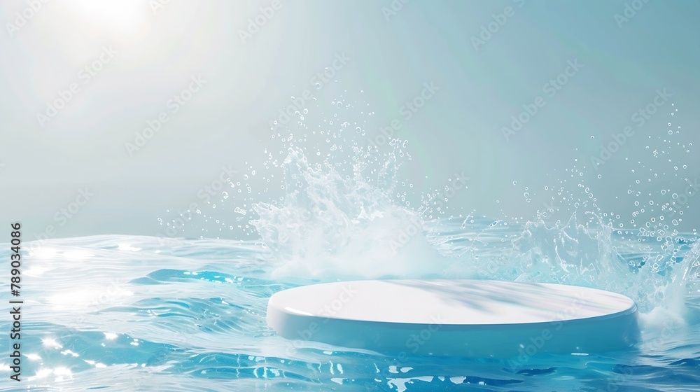 Aufkleber Empty white circle podium on transparent clear calm blue water texture with splashes and waves in sunlight Abstract nature background for product presentation Flat lay cosmetic mockup  : Generative AI