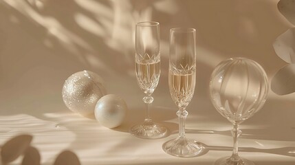 New Year holiday flat lay white sparkling wine in crystal glasses festive champagne drinks...