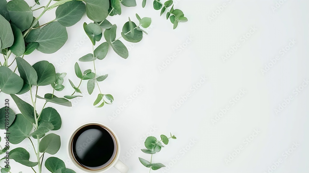 Poster flay lay top view office table desk feminine desk workspace frame with green leaves eucalyptus clipb