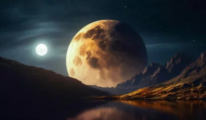 Velours gordijnen Volle maan en bomen Moon planet astronomy scenery