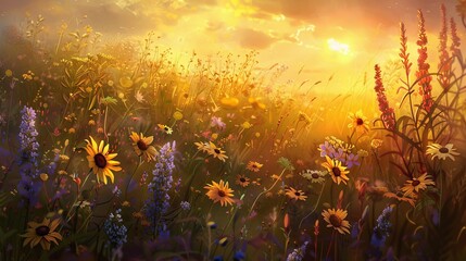 wildflower field at sunset