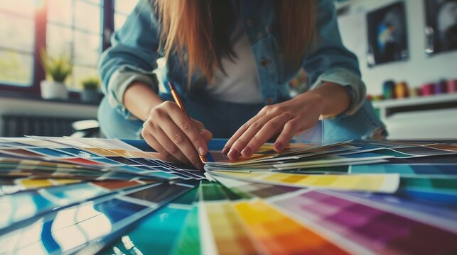 Creative people workplace Closeup view of hands of young designer woman working with color palette at office desk Attractive model choosing color samples for design project Interior sh : Generative AI