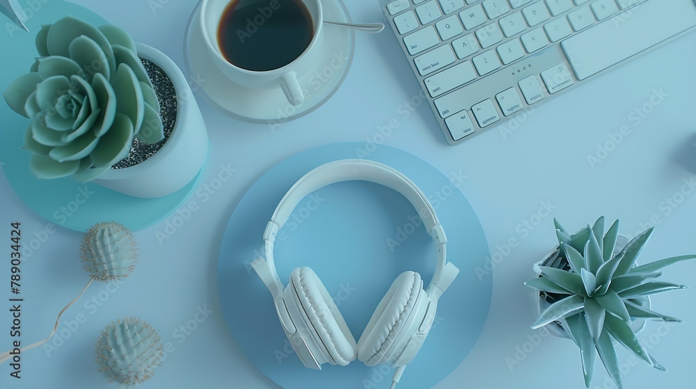 Aufkleber neutral minimalist flat lay scene with coffee keyboard headphones and cactus : generative ai