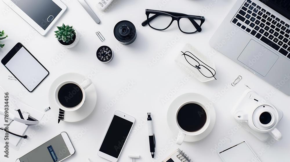 Aufkleber white hipster office desk table with computer supplies smartphone cup of coffee and office things to