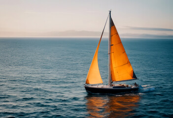 AI generated illustration of an orange sailboat glides on the water under clear skies