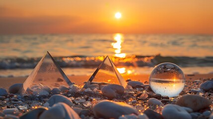 Stone pyramids and glass sphere on the dreamy baltic sea sand beach on rugen to the spectacular orange sunset