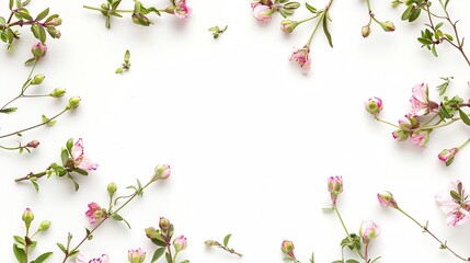 Round frame with pink flower buds branches and leaves isolated on white background lay flat top view : Generative AI
